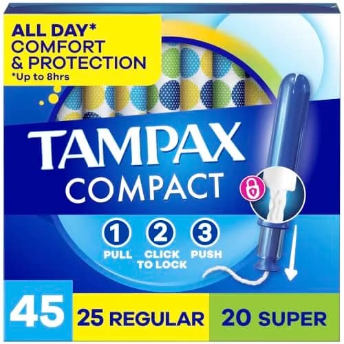 Tampax Compact Pearl Tampons for Women Multipack, Regular/Super Absorbency, Unscented, 45 Count | Dermatologist Tested Tampon thumbnail 1