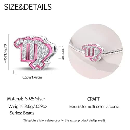 LIGHTDOG S925 Sterling Silver Zodiac Sign Charm | Pink Cubic Zirconia, 4.5-5mm Hole thumbnail 5
