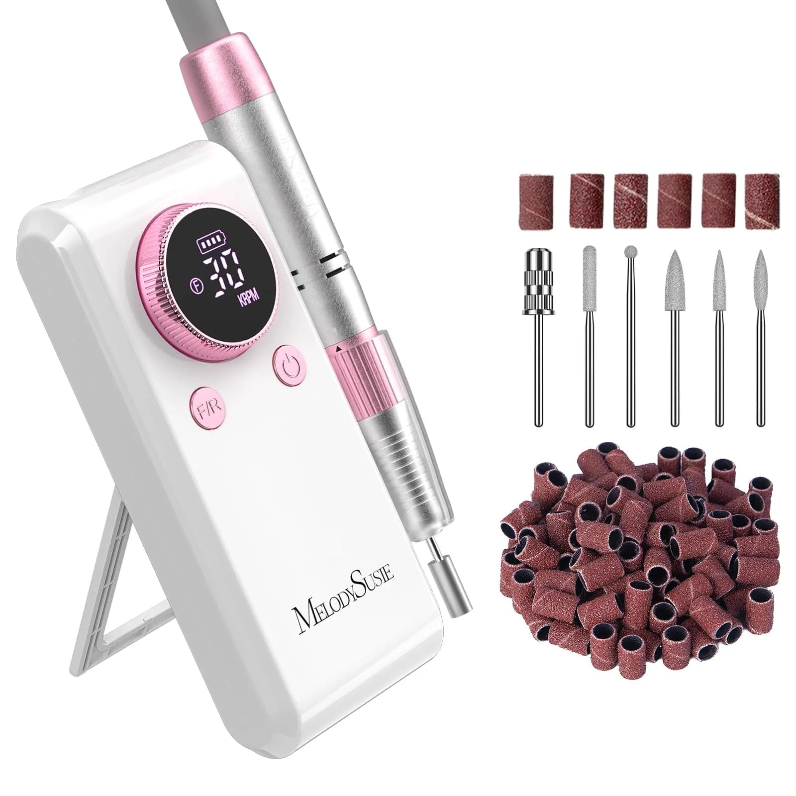 MelodySusie SC330G Rechargeable Nail Drill 30000RPM | Built-in Stand, Rose Gold, 12h Battery — 30000rpm Carbon Motor-rose