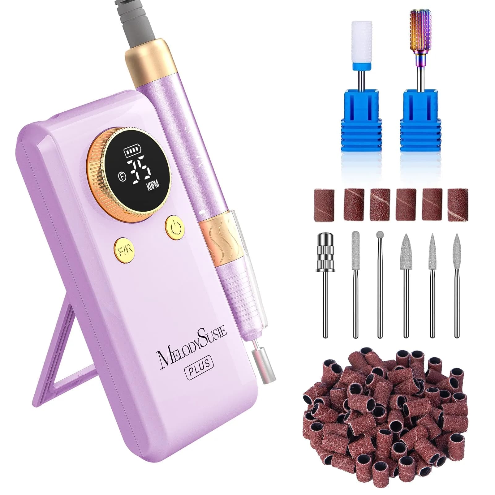 MelodySusie SC330G Rechargeable Nail Drill 30000RPM | Built-in Stand, Rose Gold, 12h Battery — 35000rpm Coreless Motor-purple