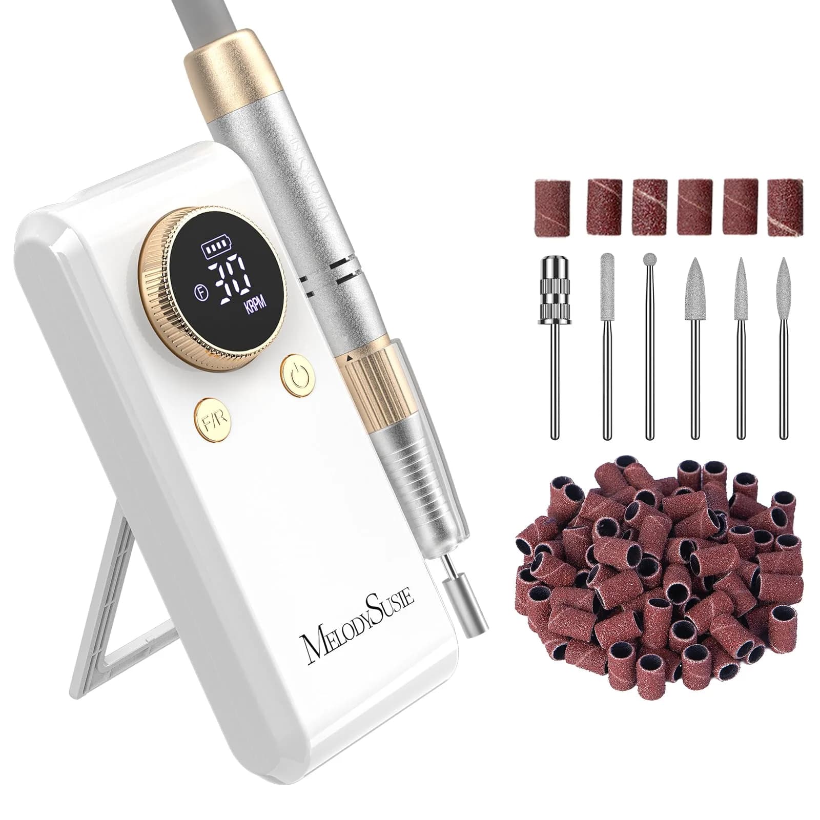 MelodySusie SC330G Rechargeable Nail Drill 30000RPM | Built-in Stand, Rose Gold, 12h Battery — 30000rpm Carbon Motor-gold