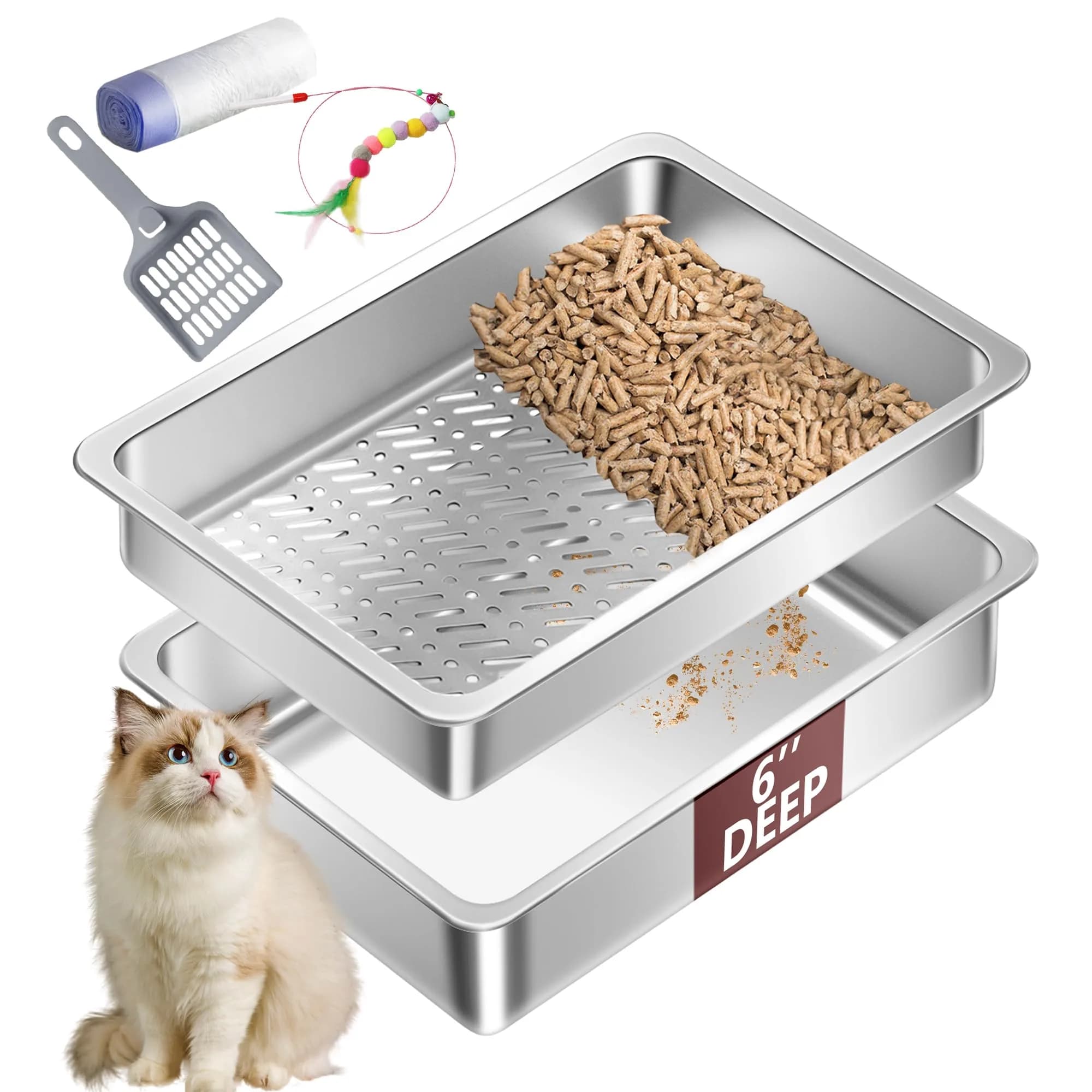 Tehoao Stainless Steel Sifting Cat Litter Box XL 49.5cm x 34.3cm x 16.5cm | Low Dust Odor Control - main product image