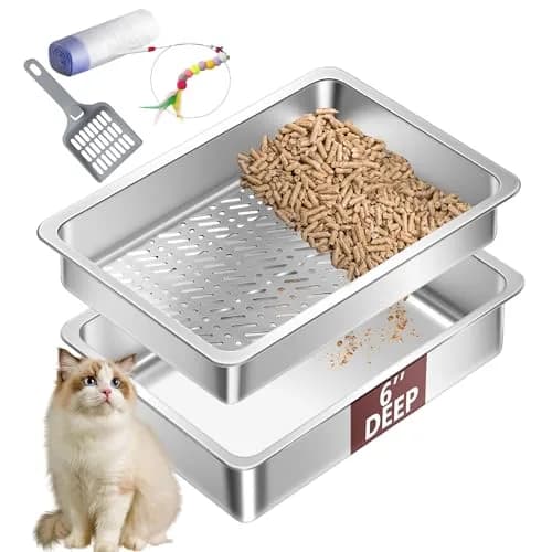 Tehoao Stainless Steel Sifting Cat Litter Box XL 49.5cm x 34.3cm x 16.5cm | Low Dust Odor Control thumbnail 1