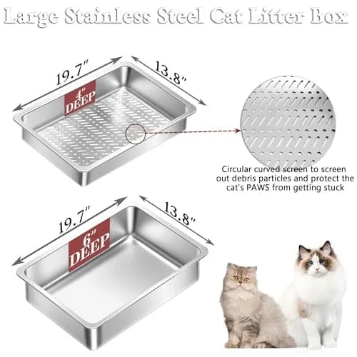 Tehoao Stainless Steel Sifting Cat Litter Box XL 49.5cm x 34.3cm x 16.5cm | Low Dust Odor Control thumbnail 5