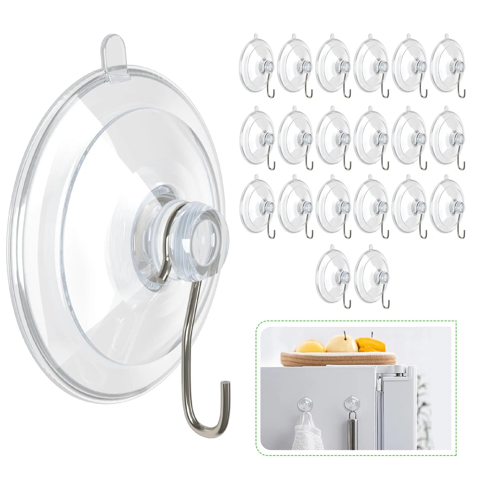 Hangerspace Suction Cup Hooks, 20 Pack | Clear PVC & Stainless Steel, Reusable, 1.77 Inch Diameter