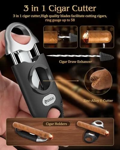 FANKAI Cigar Case with 3 in 1 V Cutter | Travel Humidor Box Cedar Wood Lined (70-120c) thumbnail 4