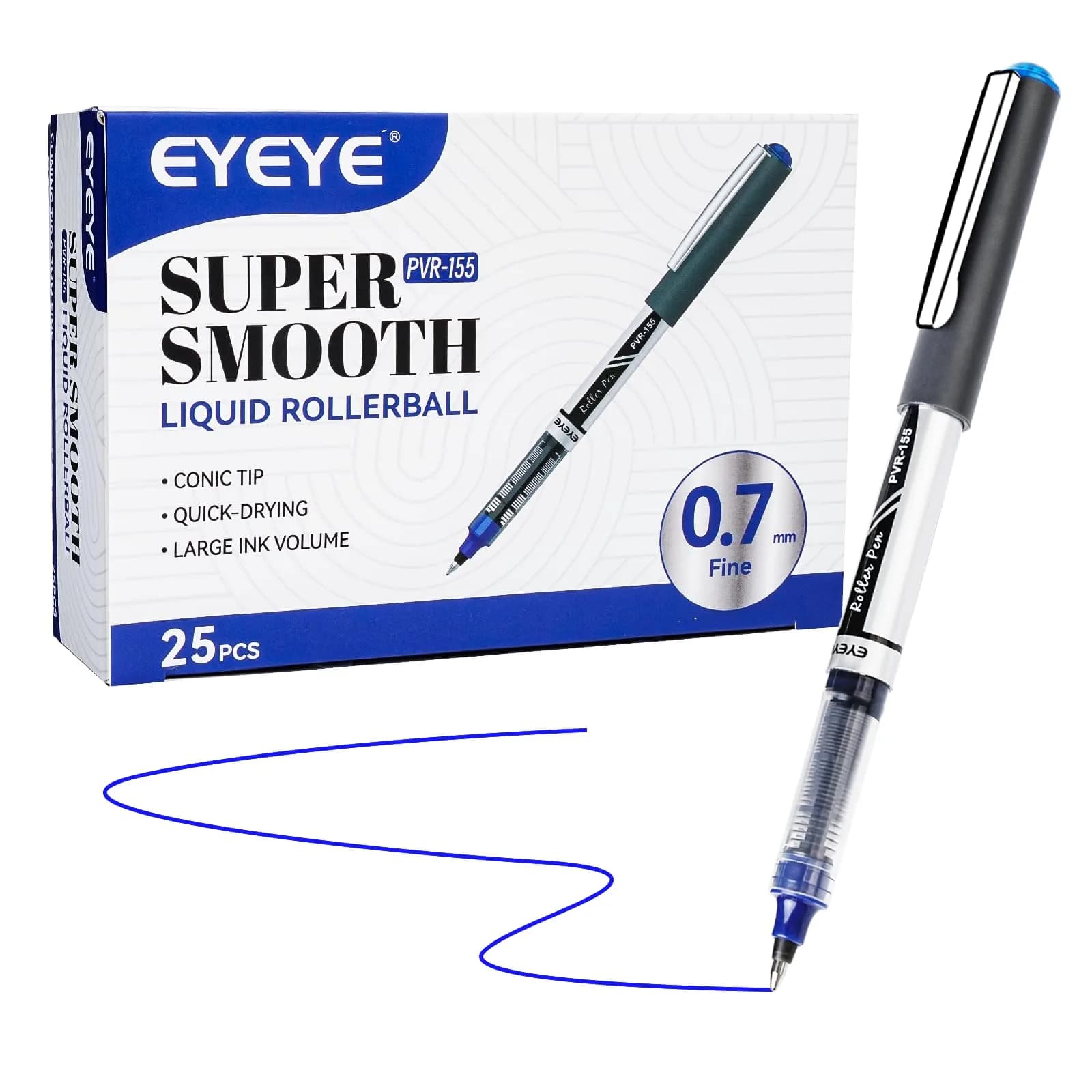 EYEYE Black Rollerball Pens Pack of 12 | 0.7mm Fine Point, Quick Dry, Liquid Ink — Blue