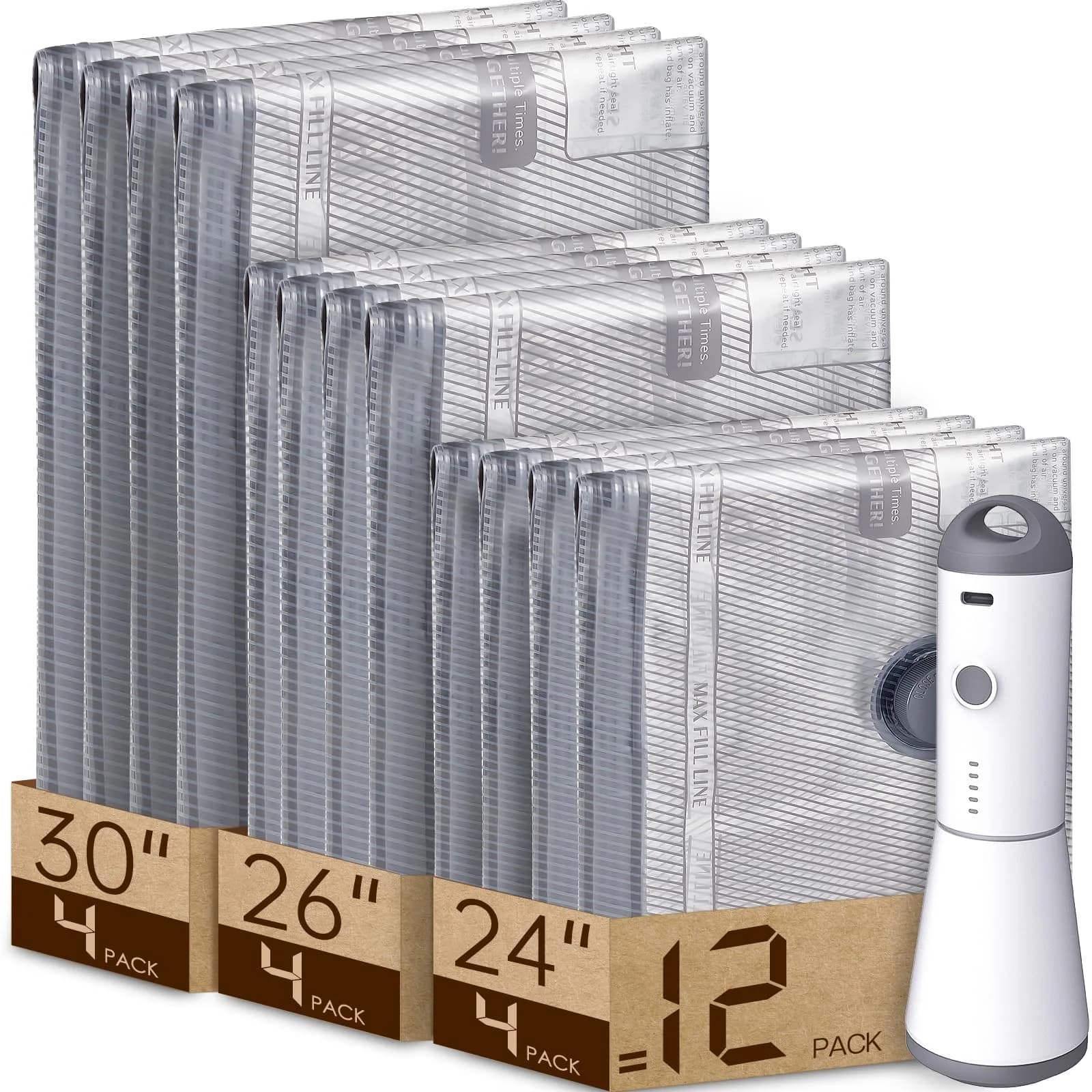 Vacbird Travel Vacuum Bags with Rechargeable Pump & 18-Piece Set | 1.33 kg (2.95 lb) Total Weight, 1500mAh Battery — Grey and white