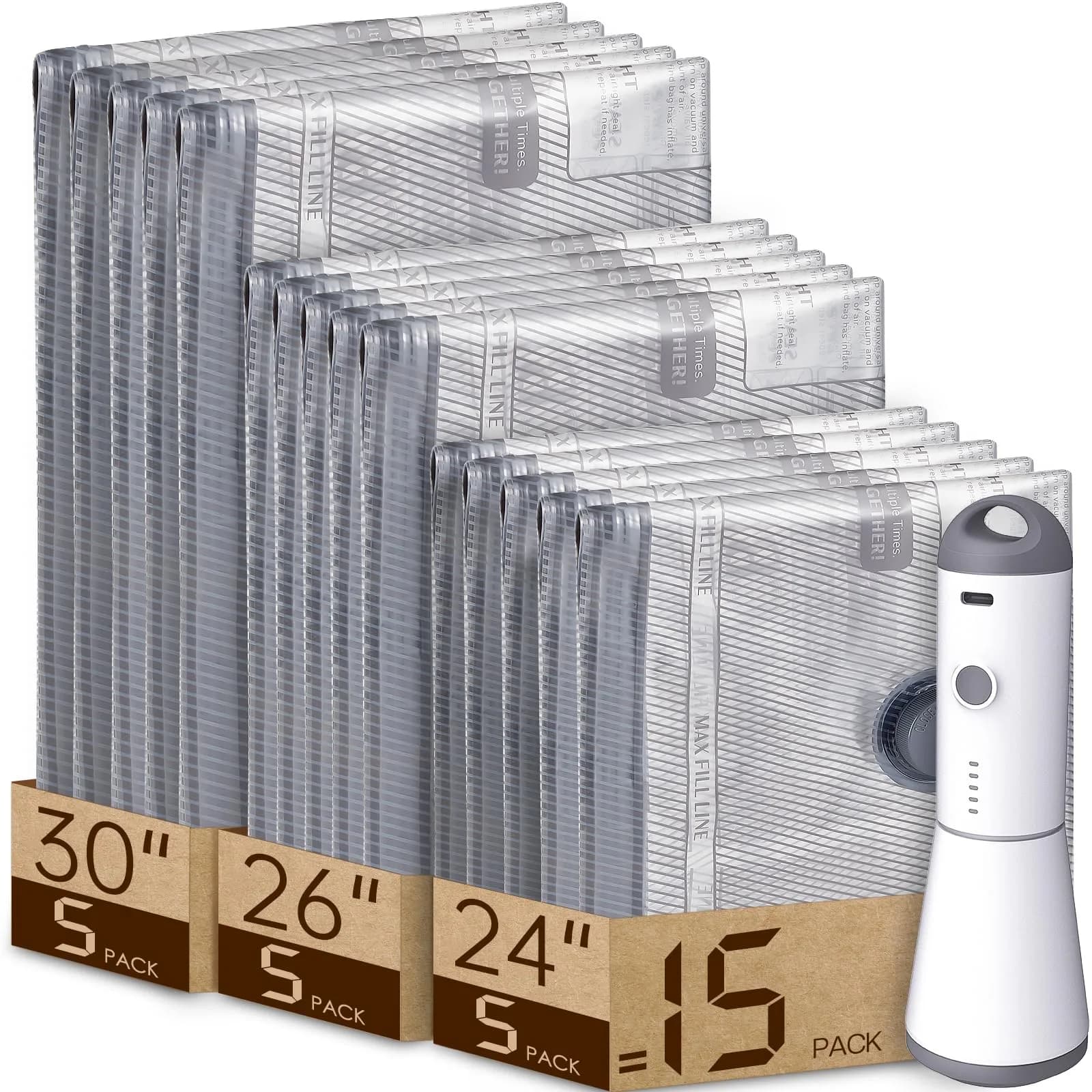 Vacbird Travel Vacuum Bags with Rechargeable Pump & 18-Piece Set | 1.33 kg (2.95 lb) Total Weight, 1500mAh Battery — 15 Combo Travel Size