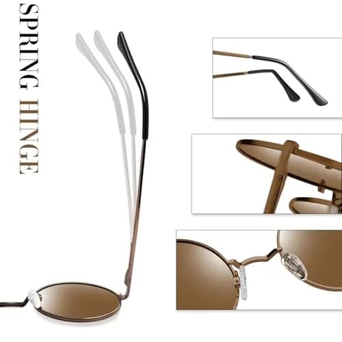Joopin Small Round Brown Sunglasses UV400 Polarized Spring Hinges | Vintage & Stylish (70-120 chars) thumbnail 4