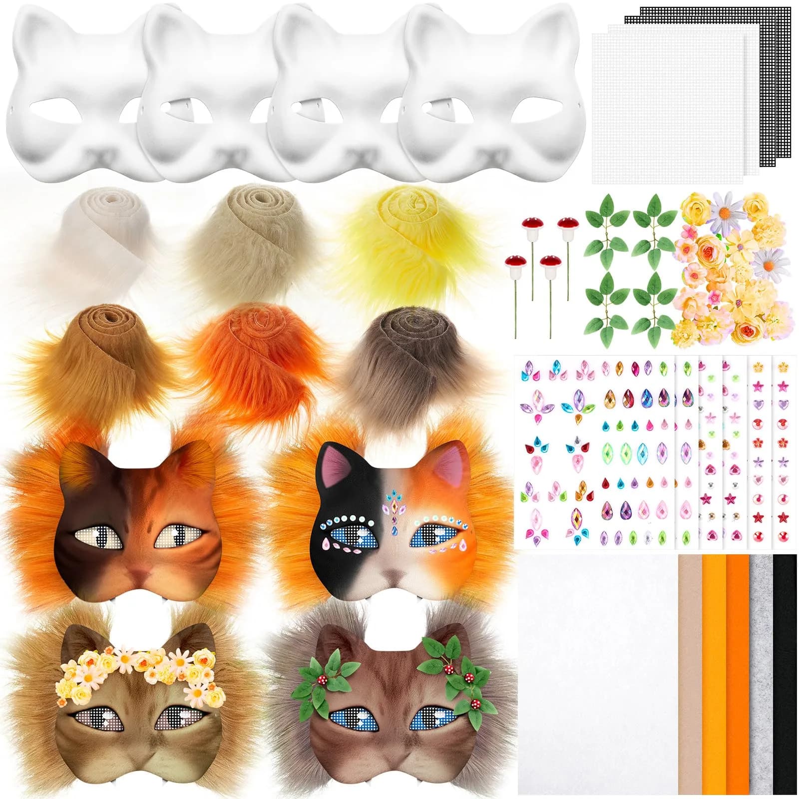 Seenelling 31 Pcs DIY Therian Mask Kit, Blank Cat Mask, Cream | Unisex Adult Costume Mask — Orange