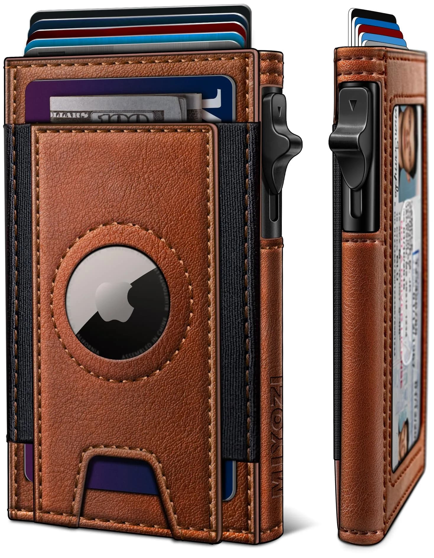miyozi Airtag Wallet for Men, Slim Pop Up Credit Card Holder RFID Blocking Mens Minimalist wallet for 7-9 Cards ID Window — Brick Brown060