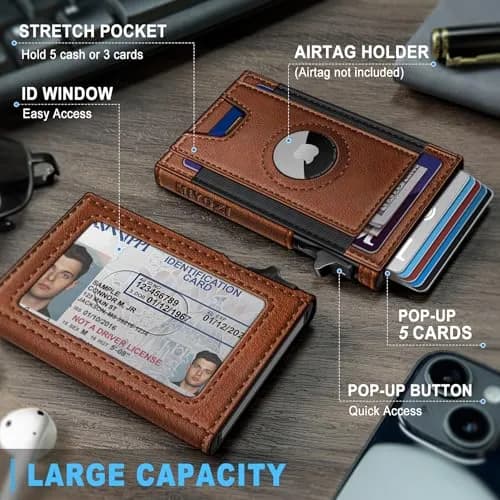 miyozi Slim Airtag Wallet for Men, Pop-Up RFID Blocking Leather Card Holder with ID Window | 9.9 cm (3.9 in) thumbnail 2