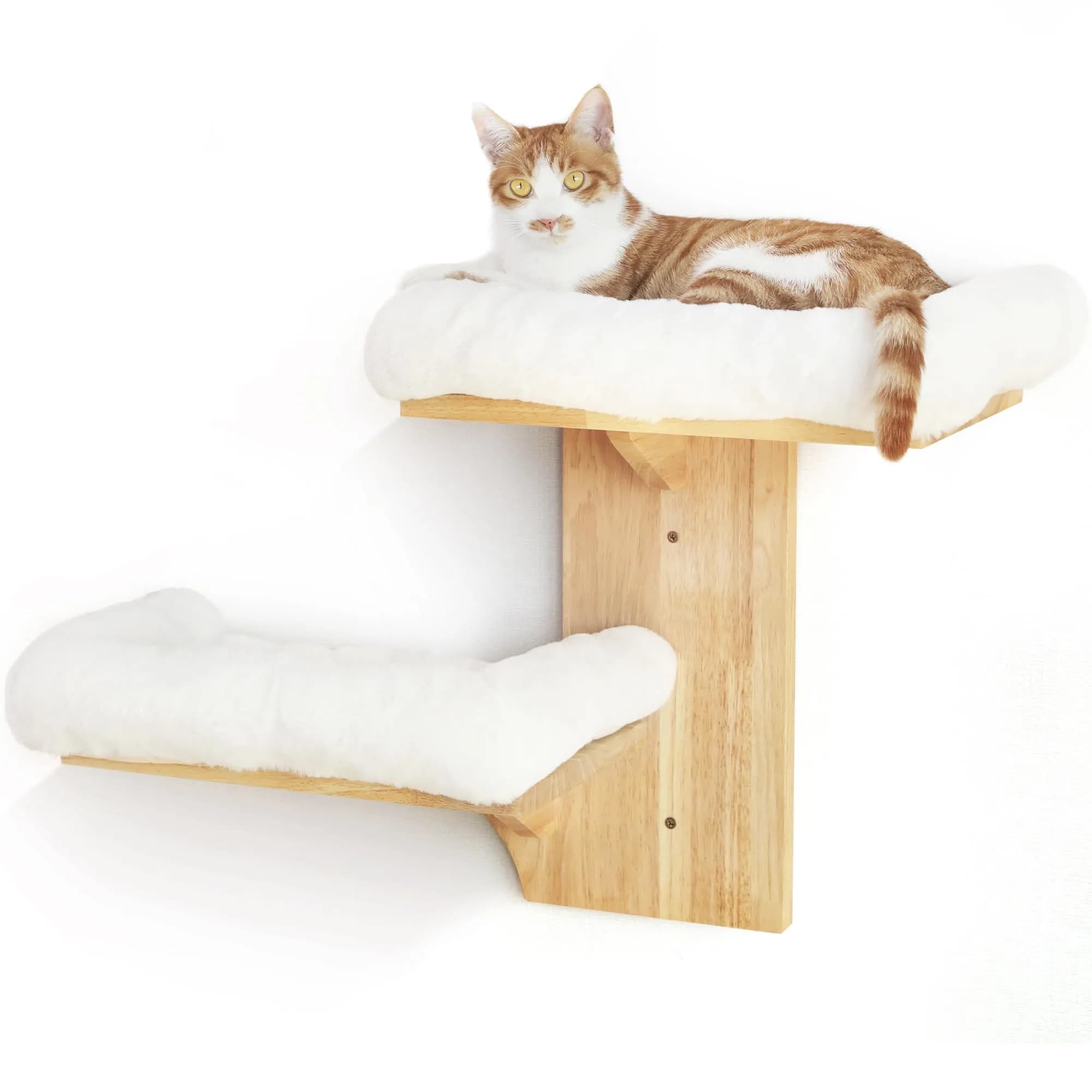 FUKUMARU Cat Wall Shelves, 2 Platform Tree Shape Wall-Mounted Shelf, Sisal Mat, Rubber Wood, Suitable for 16 Inch Drywall, Climb, Play, Nap — White cushion