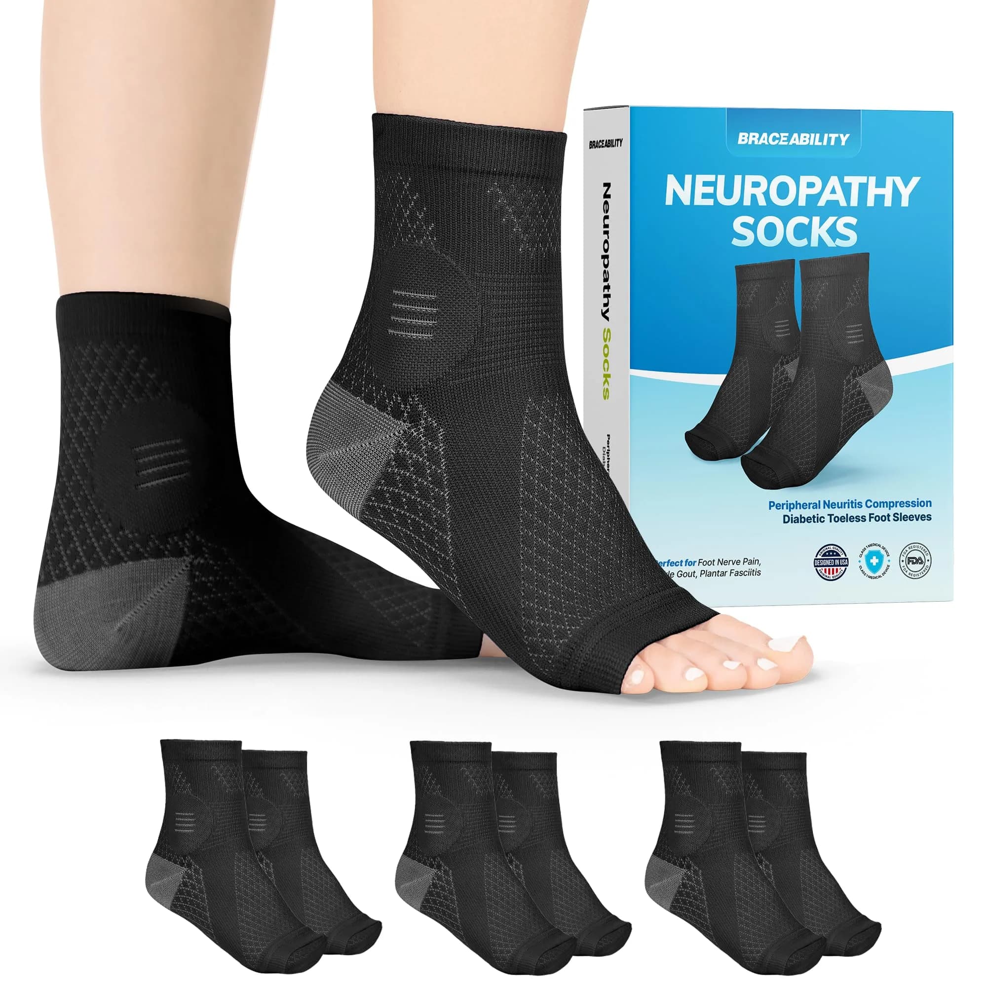 BraceAbility Neuropathy Socks - Medium, Black, 3 Pairs | Medical Compression for Nerve Pain