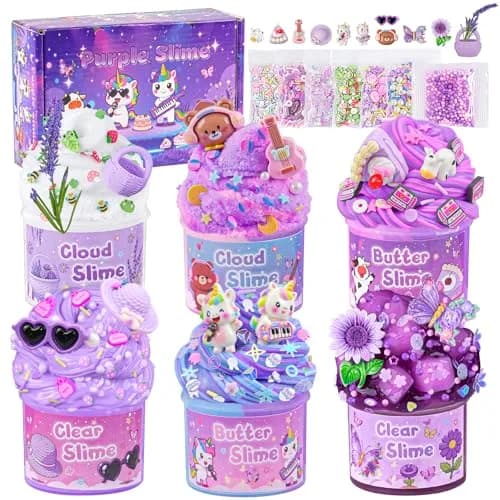 LAWOHO 6 Pack Purple Slime Kit | Butter Cloud Squishy Birthday Gift Set with Charms (360ml Total) thumbnail 1