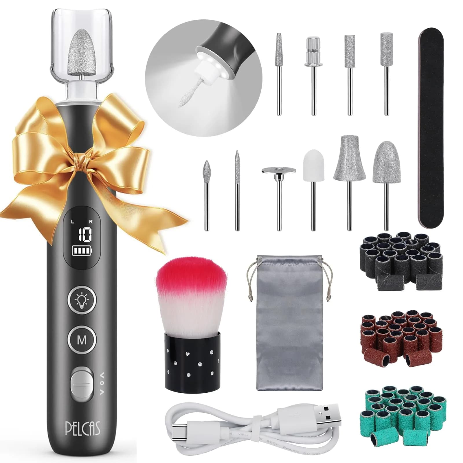 PELCAS Cordless Electric Nail Drill 6.5" x 1" | 10-Speed Portable Manicure & Pedicure Tool with LED Light — Grey