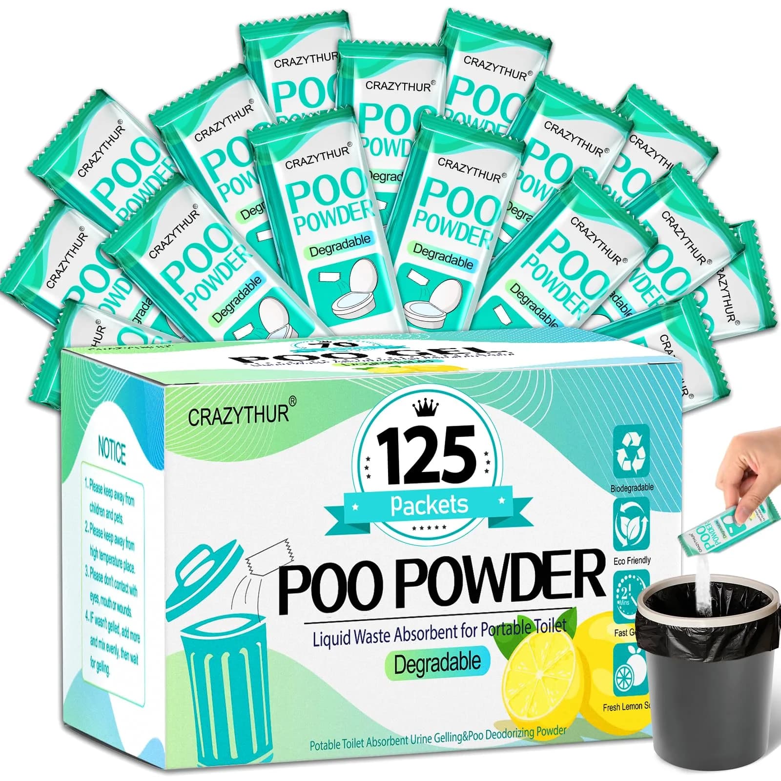 CRAZYTHUR Portable Toilet Gel Powder 125PCS Lemon Scent | Solidifies Waste 2x Faster