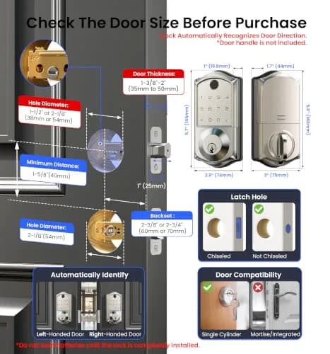 Veise VE017 Fingerprint Smart Door Lock with App Control, Satin Nickel, 1.02 kg (2.25 lb) thumbnail 6