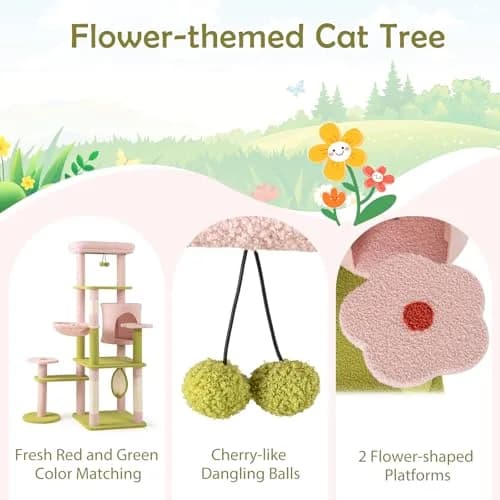 PETSITE 58-inch Flower Cat Tree with Sisal Posts & Teddy Fleece Perch | Multi-Level Indoor Cat Tower thumbnail 4