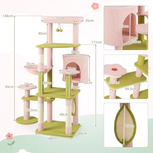 PETSITE 58-inch Flower Cat Tree with Sisal Posts & Teddy Fleece Perch | Multi-Level Indoor Cat Tower thumbnail 9