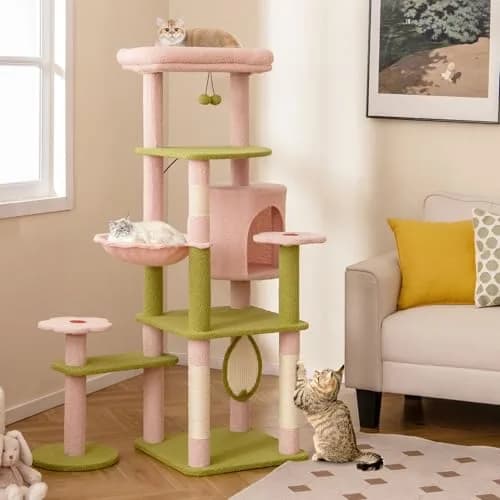 PETSITE 58-inch Flower Cat Tree with Sisal Posts & Teddy Fleece Perch | Multi-Level Indoor Cat Tower thumbnail 2