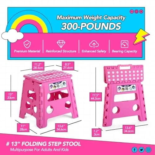 Delxo Folding Step Stool 13 Inch Pink | CPC Certified, Supports 300 lbs thumbnail 2