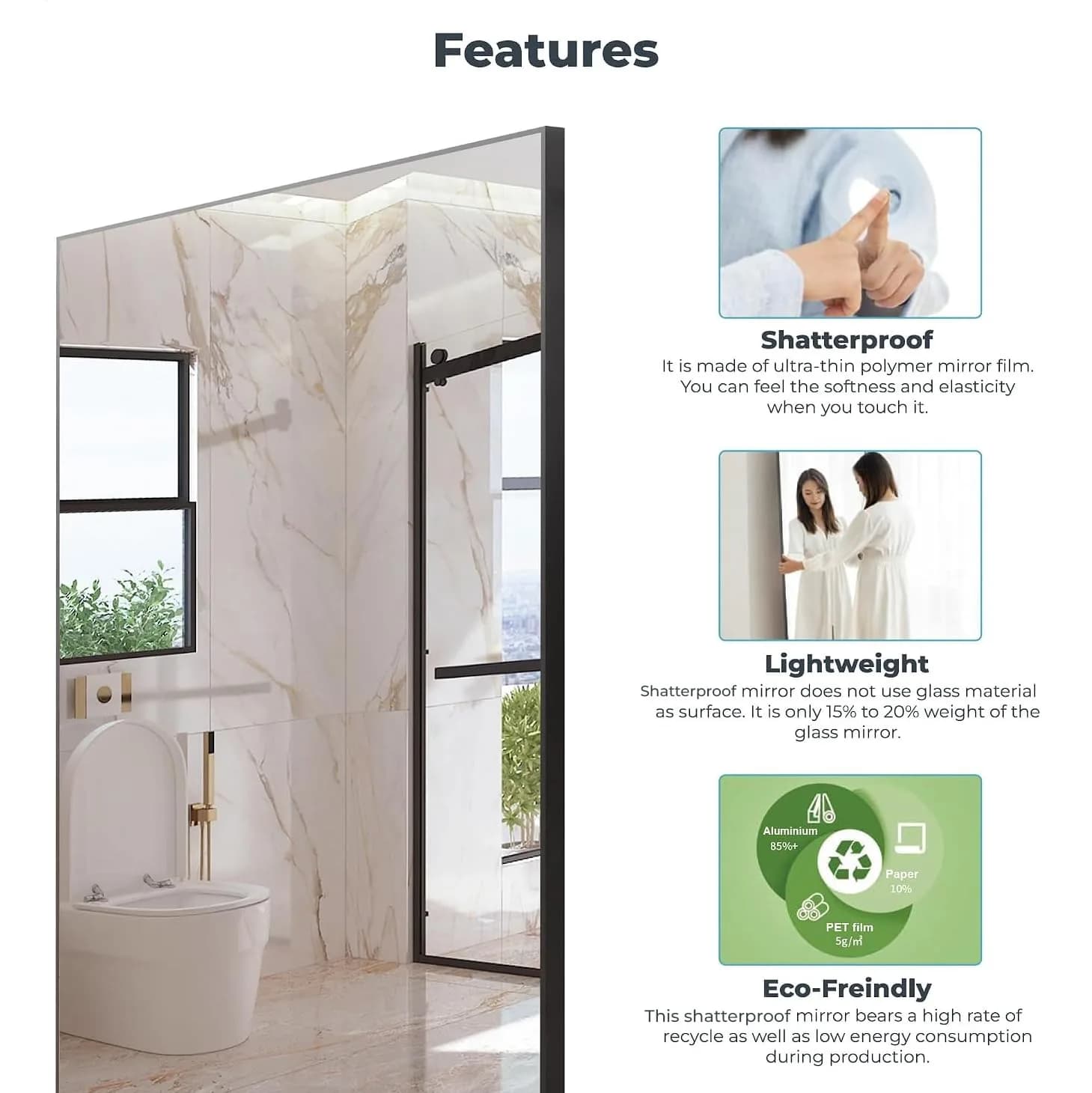 Fab Glass and Mirror Full Length Gym Mirror 36" x 72" Gold | Shatterproof, Unbreakable, Lightweight thumbnail 3