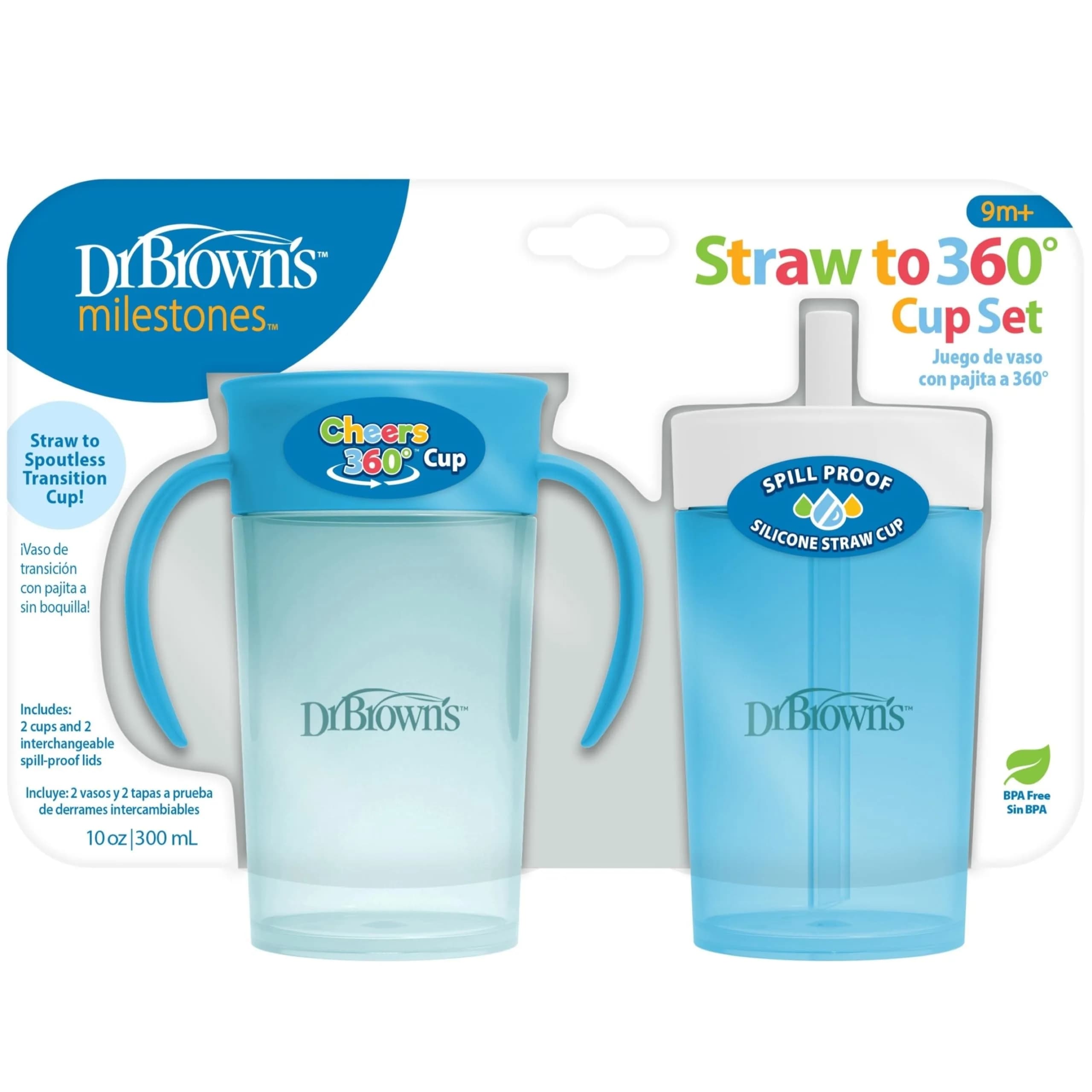 Dr. Brown's Milestones Straw to 360 Convertible Toddler Training Cup Set, 10 oz/300 mL | Interchangeable Silicone Straw & 360 Lids — Blue Ocean Set