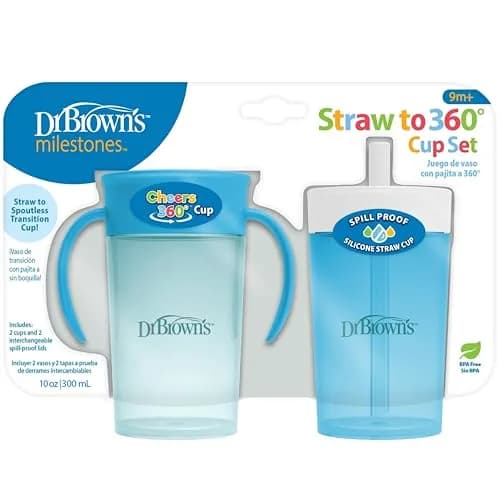 Dr. Brown's Milestones Straw to 360 Cup Set, Blue Ocean, 10 oz | Leak-proof toddler training cups thumbnail 1