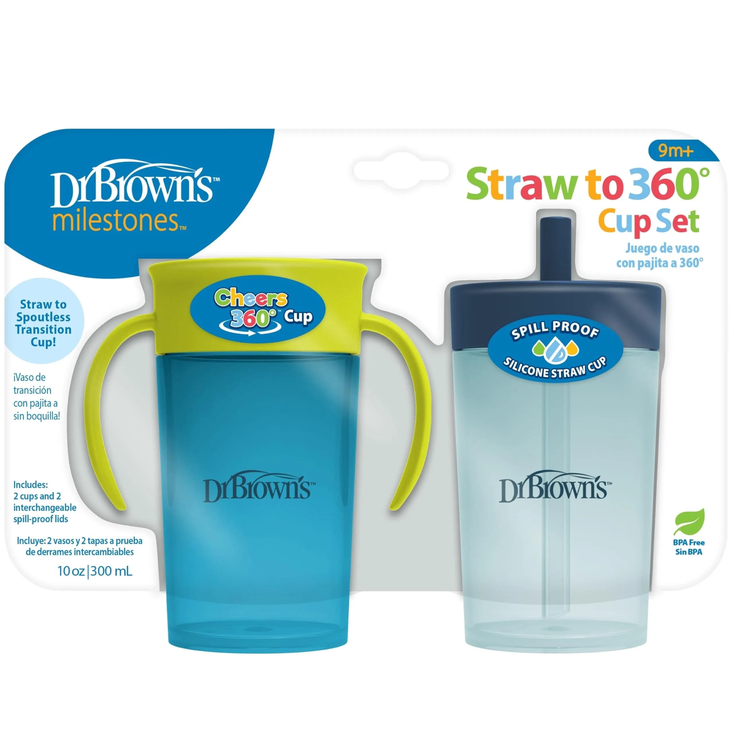 Dr. Brown's Milestones Straw to 360 Convertible Toddler Training Cup Set, 10 oz/300 mL | Interchangeable Silicone Straw & 360 Lids — Blue Green Set