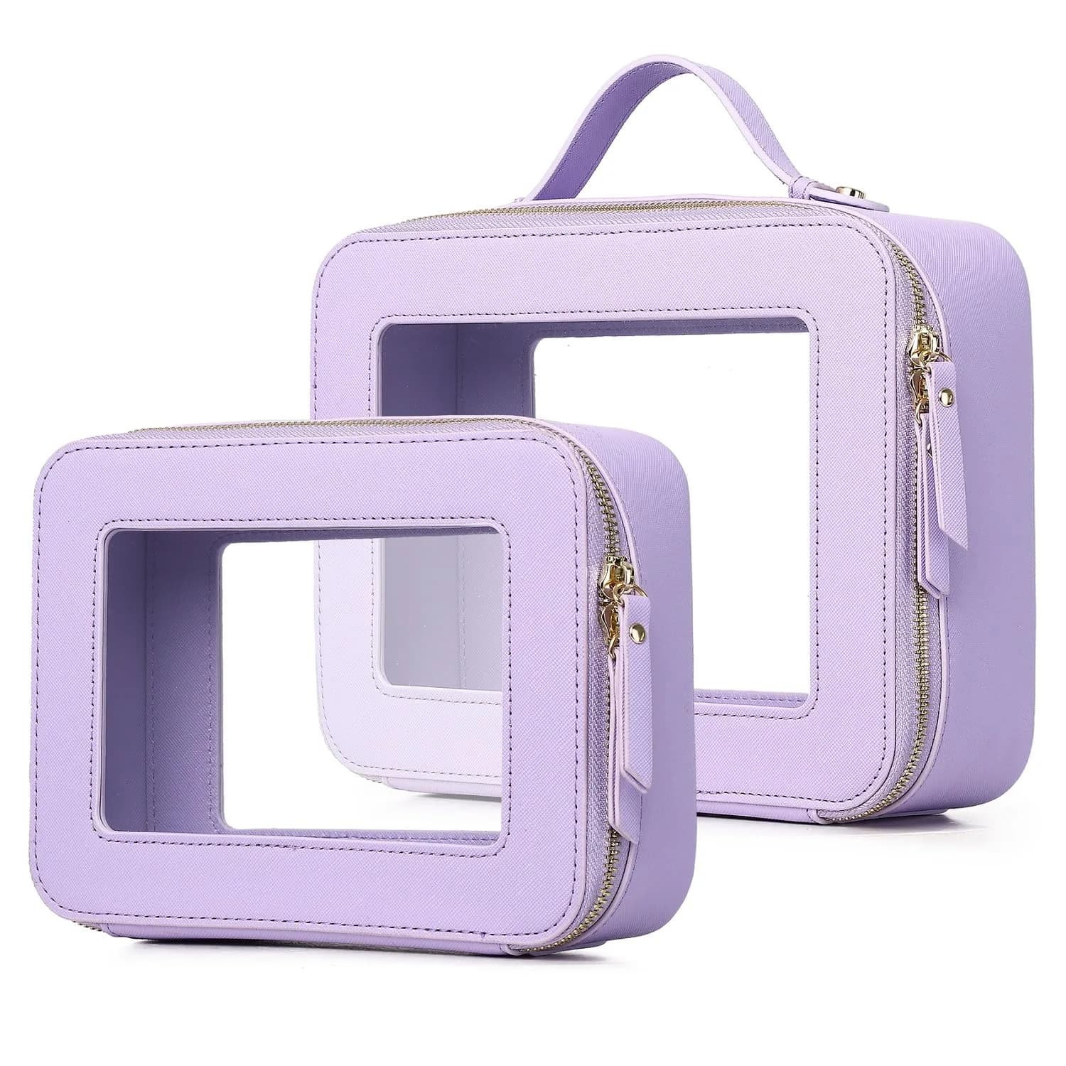 Pinkmik Clear Makeup Bag Set, Purple, M+L | TSA Approved Travel Cosmetic Organizer