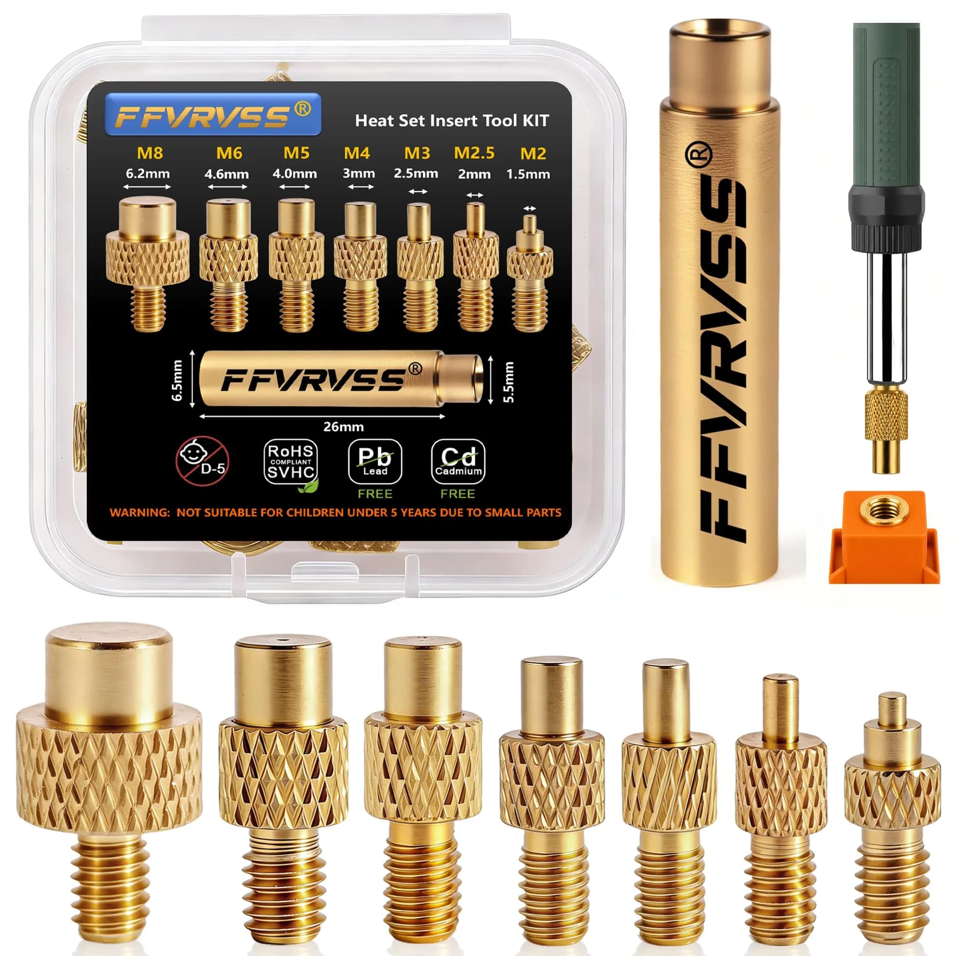 FFVRVSS Heat Set Insert Tool Tips M2-M8 | Precision Brass Construction for 3D Printing