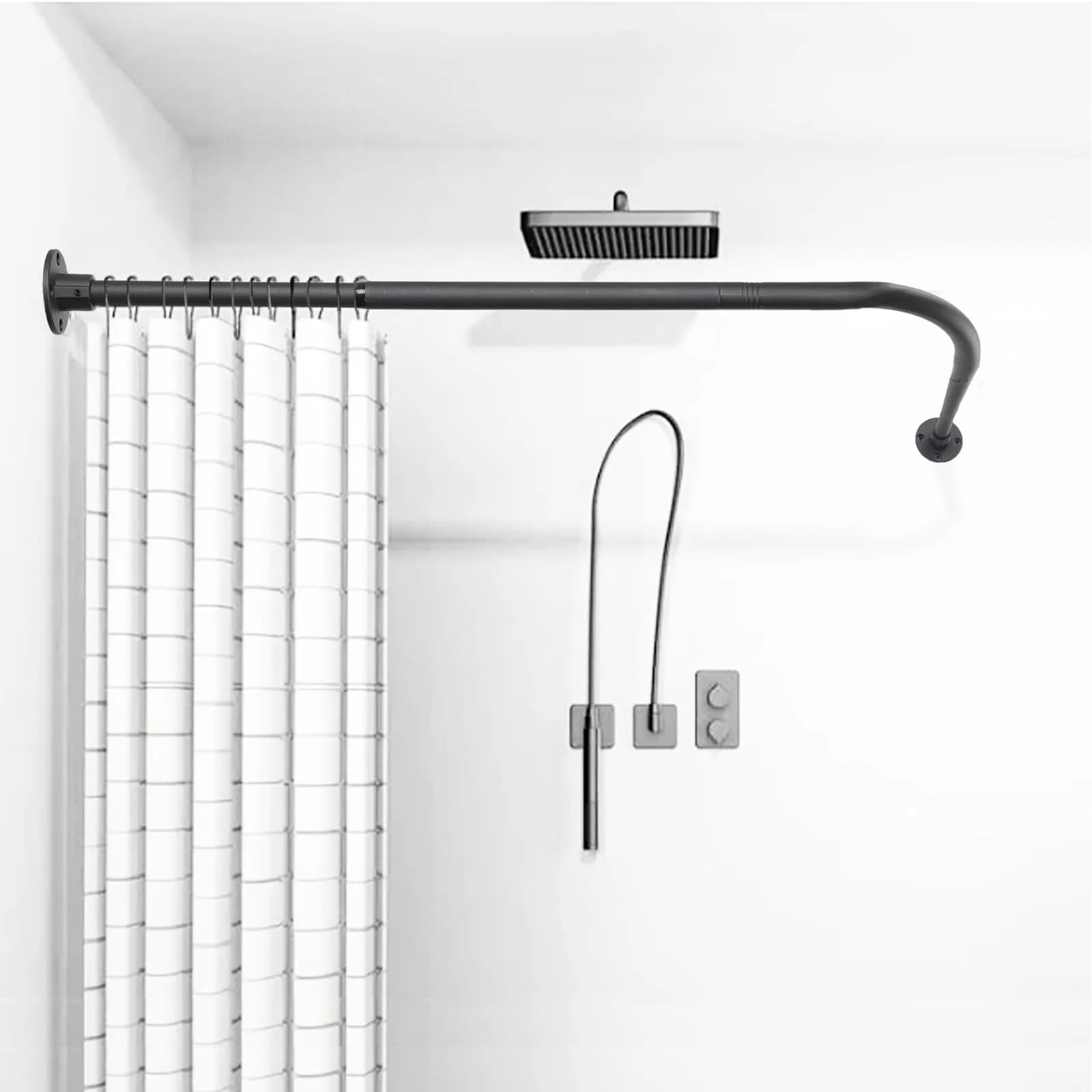 TwinkleTool L Shaped Shower Curtain Rod Black 70cm (27.6") | Adjustable Corner Rod for Bathrooms & Fitting Rooms - main product image
