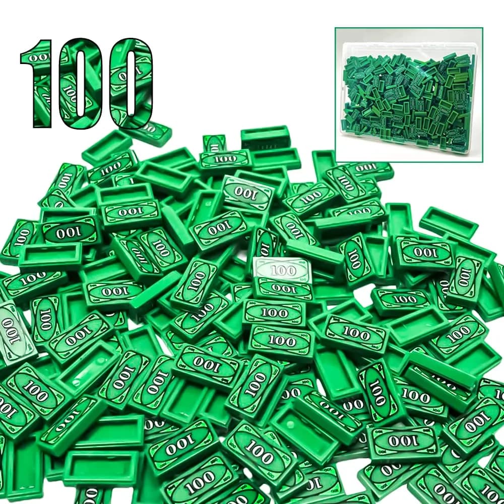 ARBTOTCE 1x2 Dollar Bill Printed Flat Tiles 50 Pcs | Educational STEM Toy Building Blocks for Kids Ages 6+ — Green 100 Dollar Bill Money 100pcs