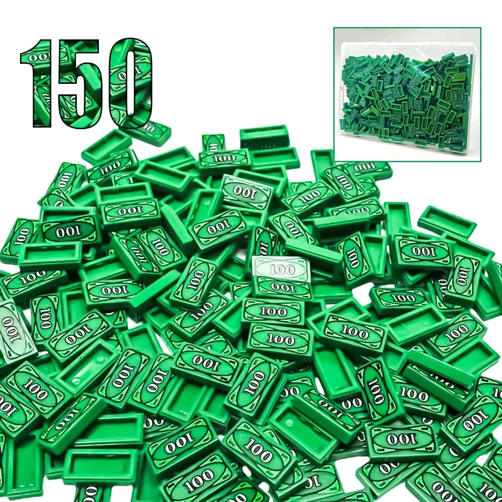 ARBTOTCE 1x2 Dollar Bill Printed Flat Tiles 50 Pcs | Educational STEM Toy Building Blocks for Kids Ages 6+ — Green 100 Dollar Bill Money 150pcs