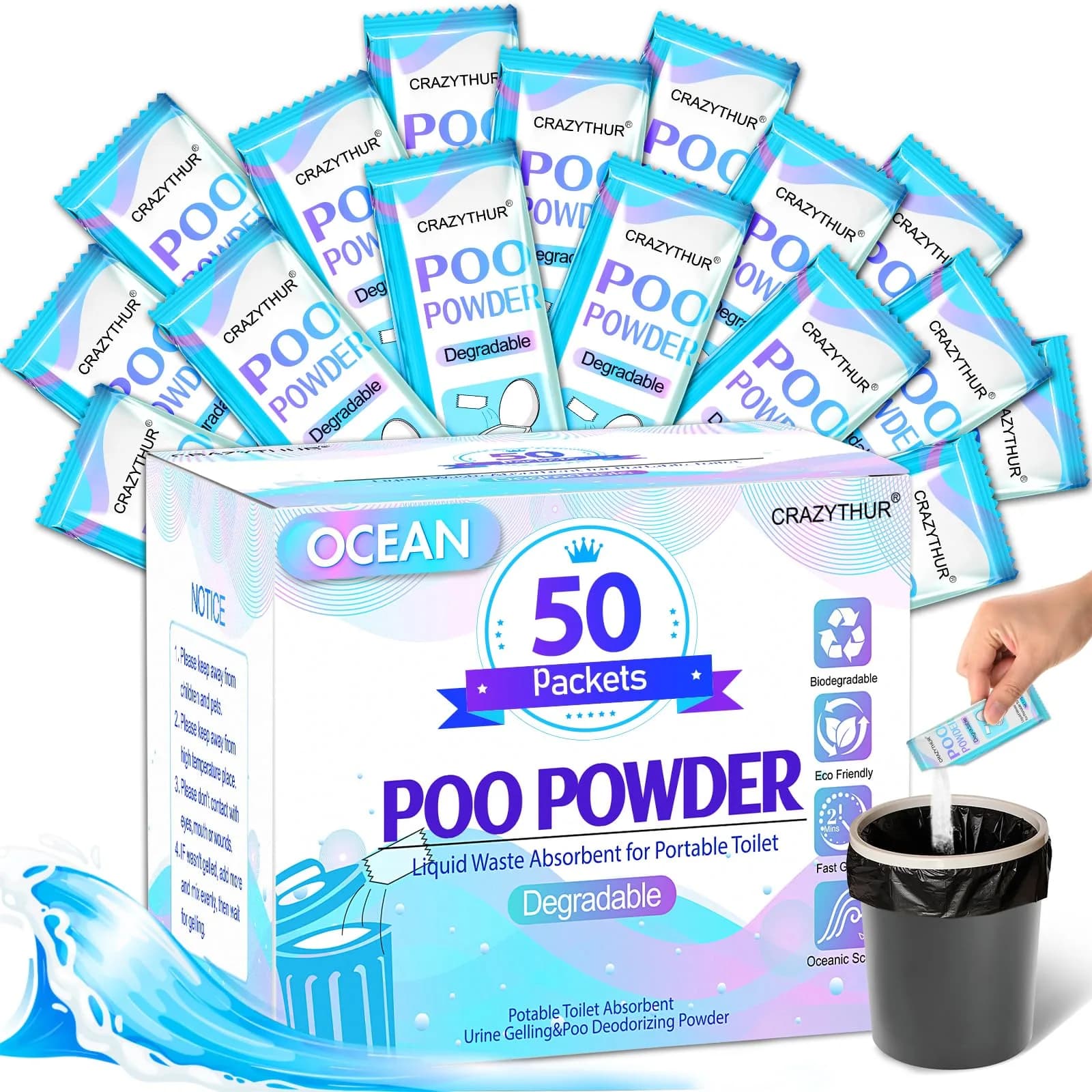 CRAZYTHUR Portable Toilet Gel Powder 50PCS | Solidifies Waste 2x Faster, Odor Lock