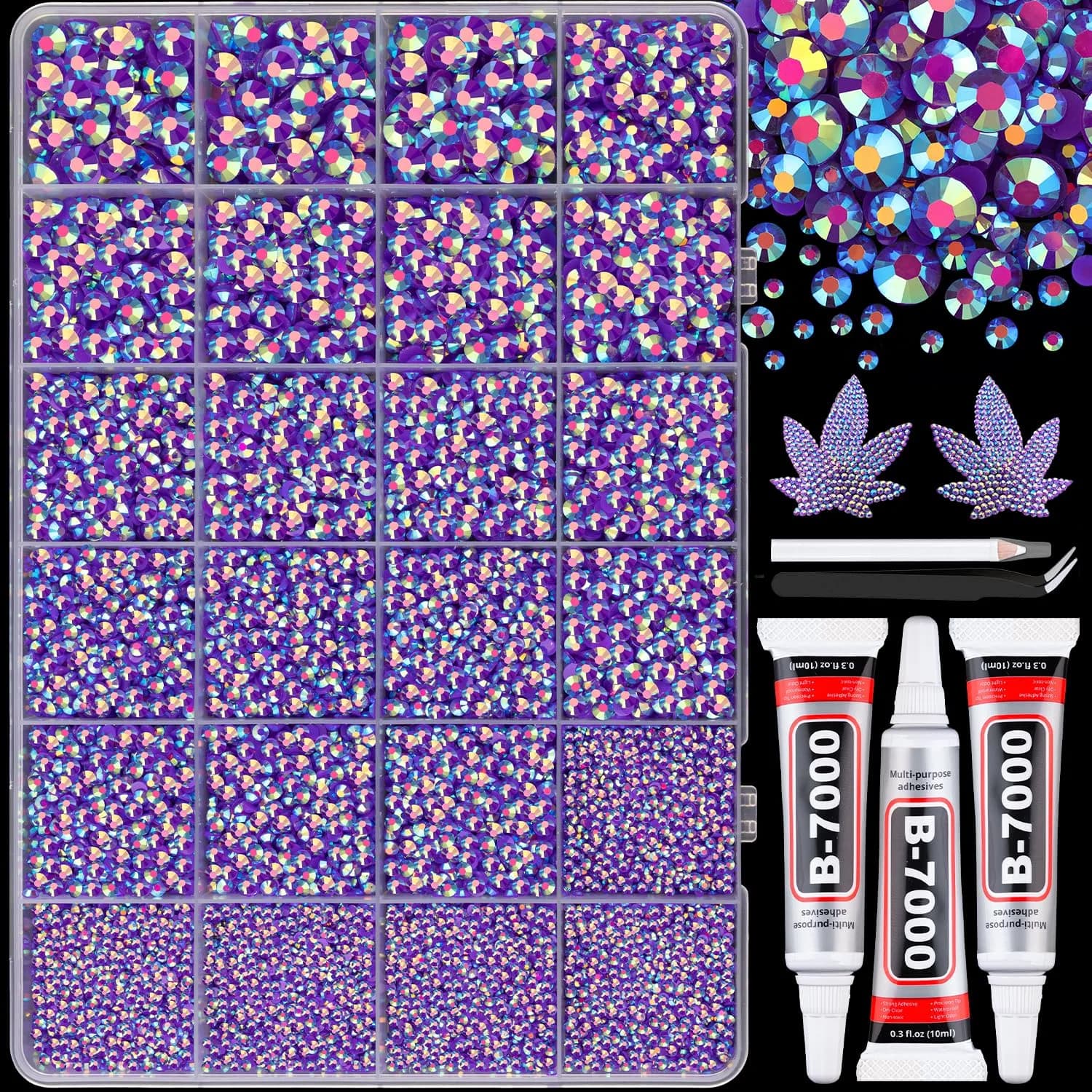 BELLEBOOST 50000Pcs 40 Colors Jelly Rhinestones | 3mm Multicolor Resin Flatback Gems for Nail Art & Crafts — Dark Purple AB / Large Pack with Glue