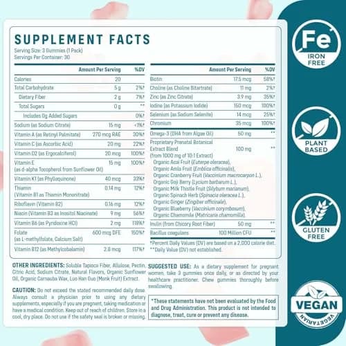 Quorinthiumax Prenatal Gummies Sugar Free 180 Count | Organic, DHA & Probiotics for Women thumbnail 2
