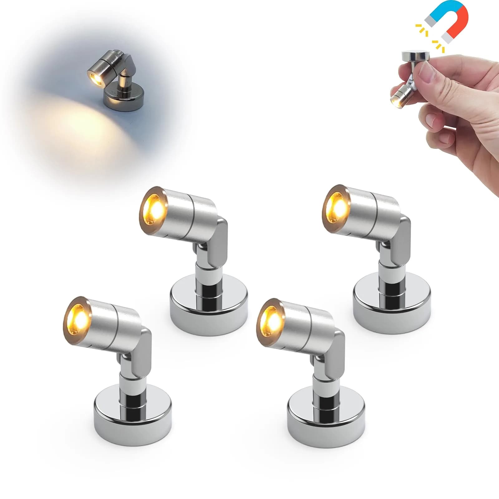 SUZEYAR Miniature LED Light 4 Pack | Battery Operated, Wireless, Magnet Base, Cool White — Warm White