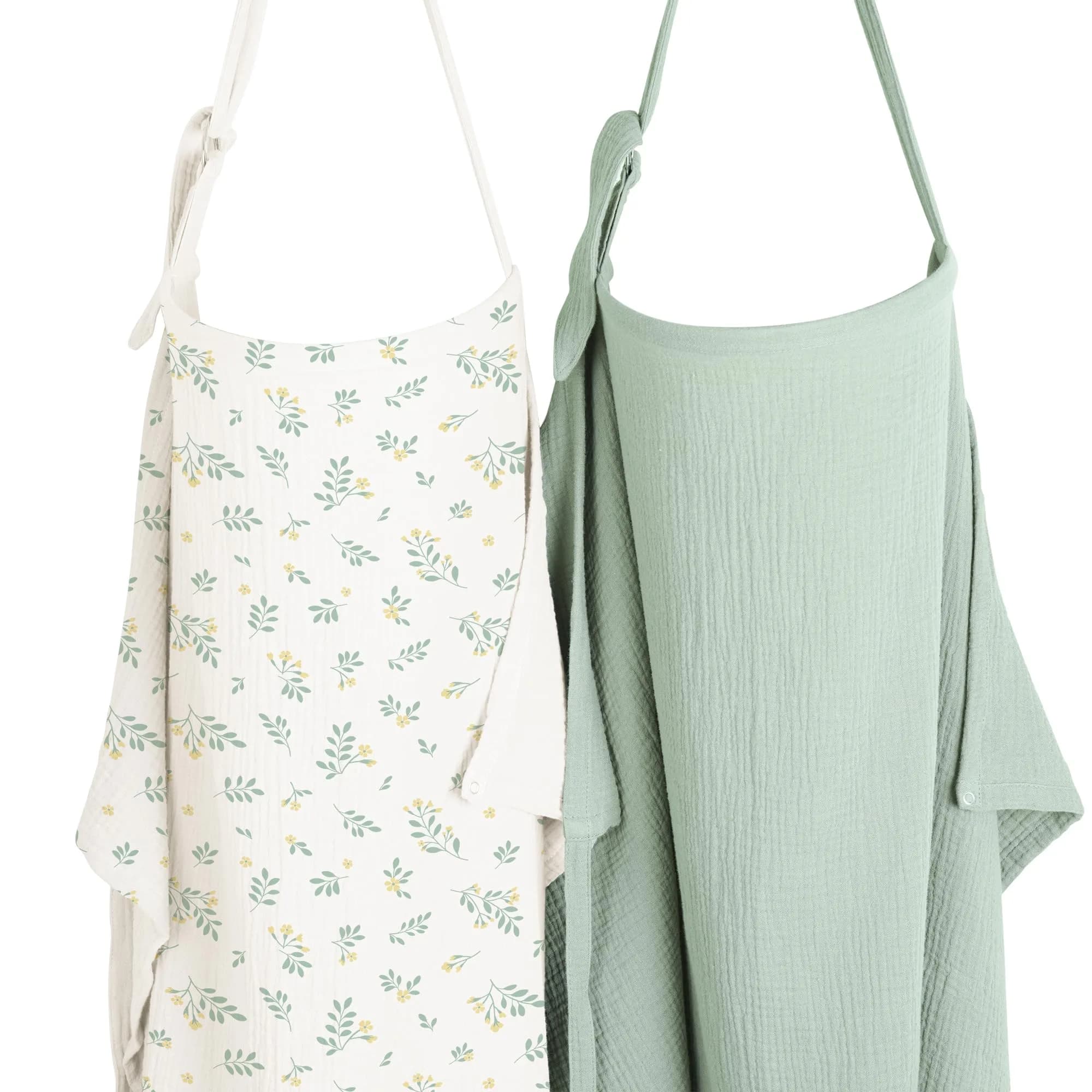 Konssy 2-Pack Muslin Nursing Cover Up with Rigid Hoop | 100% Cotton, Breathable, Adjustable Strap — Green,Leafy