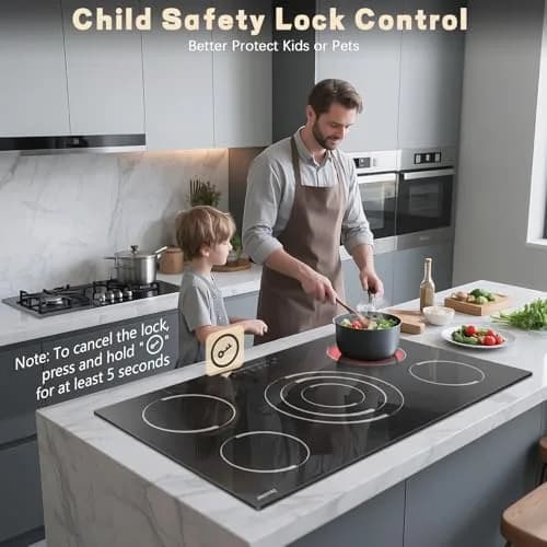 Jessier 36 Inch 5-Burner Electric Cooktop 9200W 220-240V | Slide-Touch Control with Timer & Safety Lock thumbnail 5