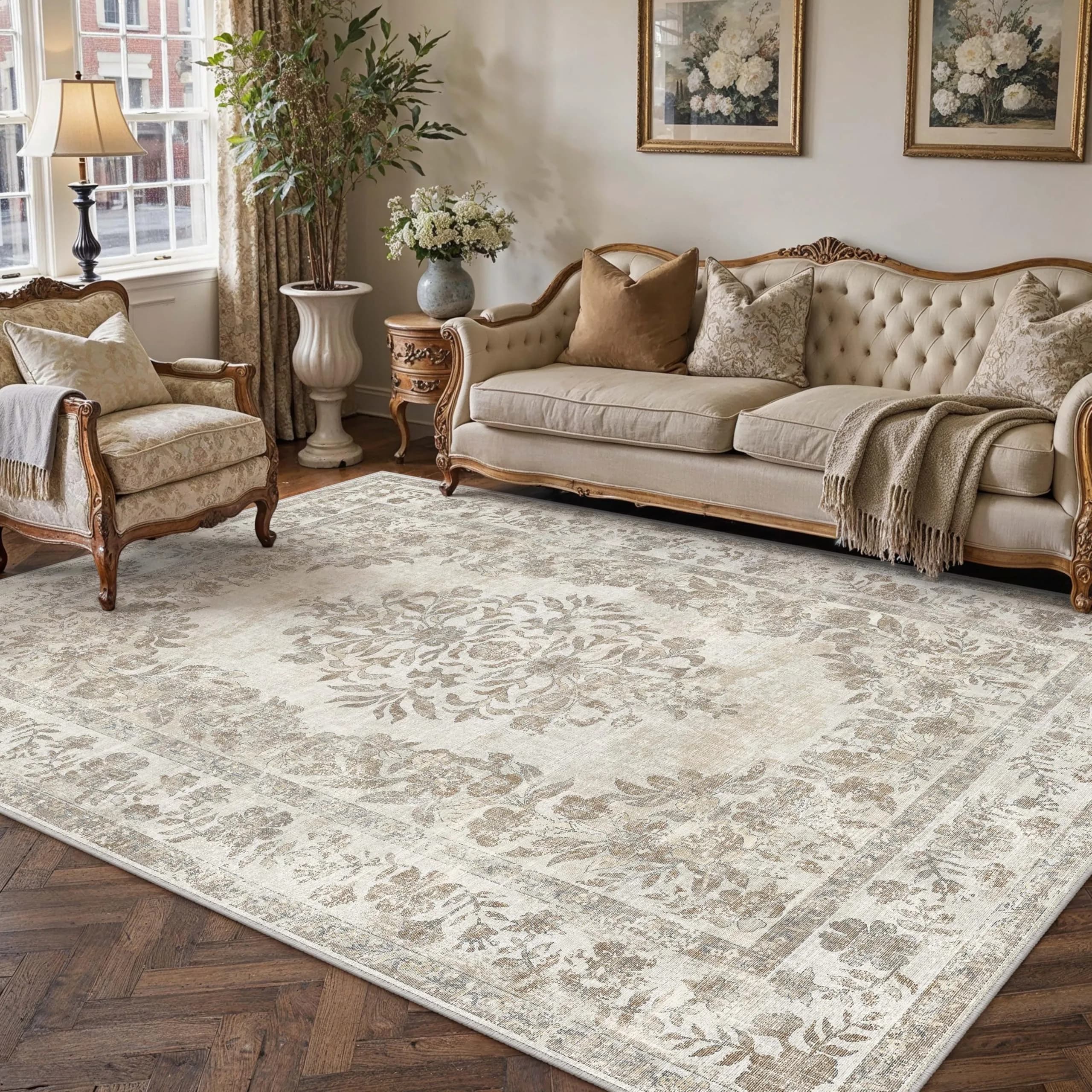 PureCozy 5x7 Washable Area Rug Cream Beige | Vintage Floral, Non Slip, Kid & Pet Friendly - main product image