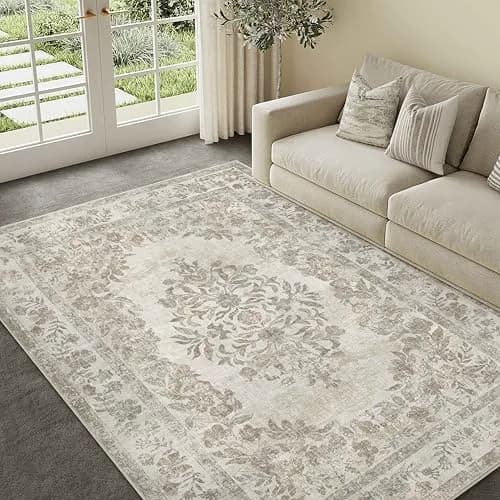 PureCozy 5x7 Washable Area Rug Cream Beige | Vintage Floral, Non Slip, Kid & Pet Friendly thumbnail 3
