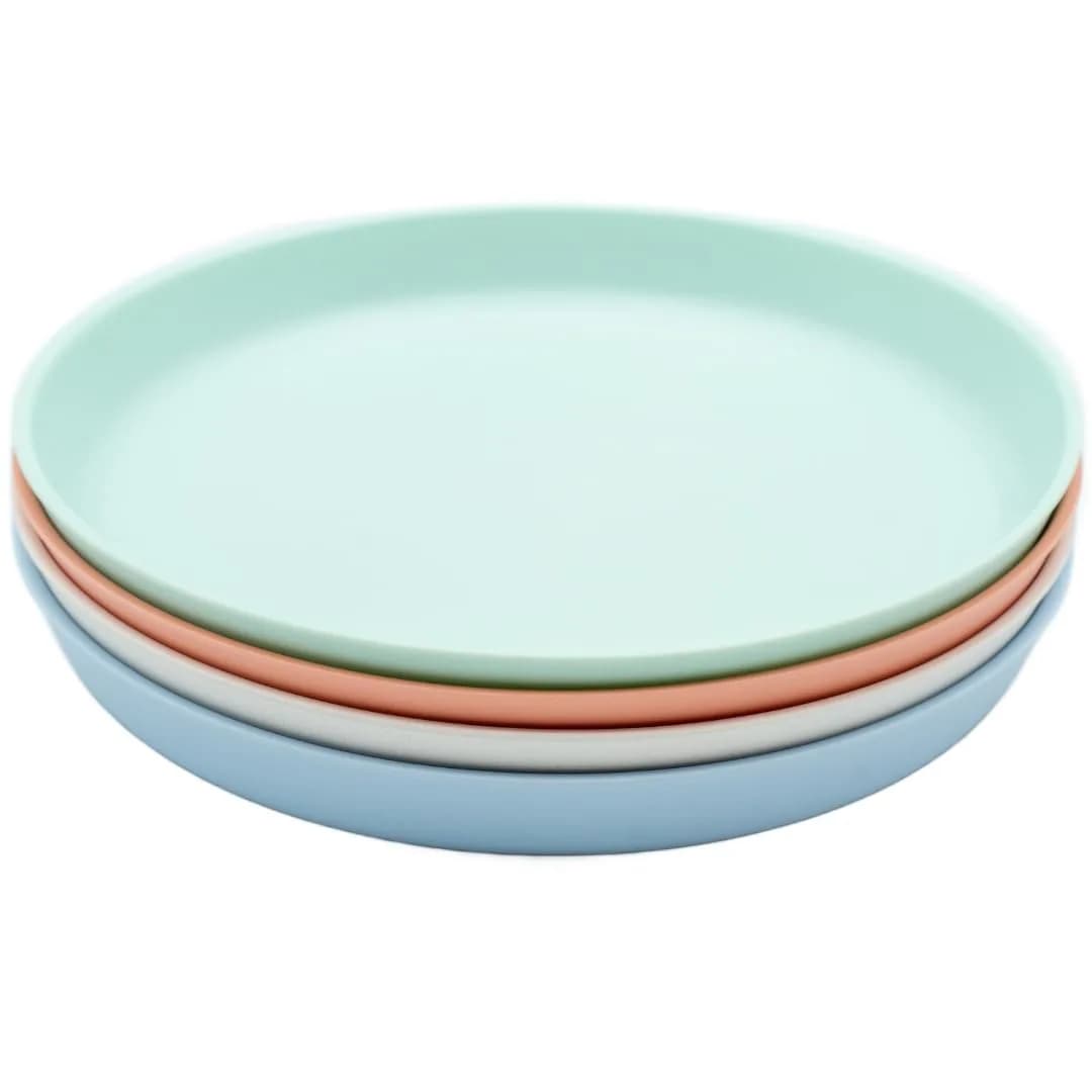 WeeSprout Bamboo Plates with Silicone Lids, Set of 4, Kid-Sized Dinnerware, 21cm (8.27in) | Dishwasher Safe Melamine Dishware — Pastel Coral/Blue/Mint & Off White