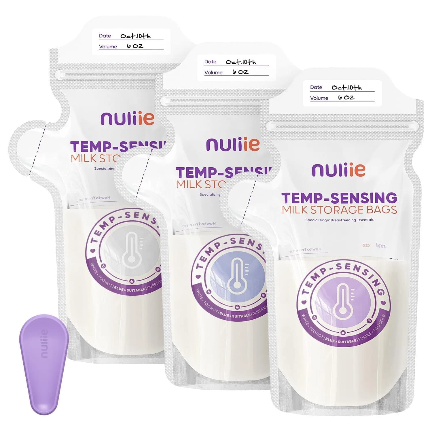 Nuliie Temp-Sensing Breastmilk Storage Bags 100 Count | 180ml (6oz) Freezer Safe Bags with Locking Clip & Pour Spout — Transparent