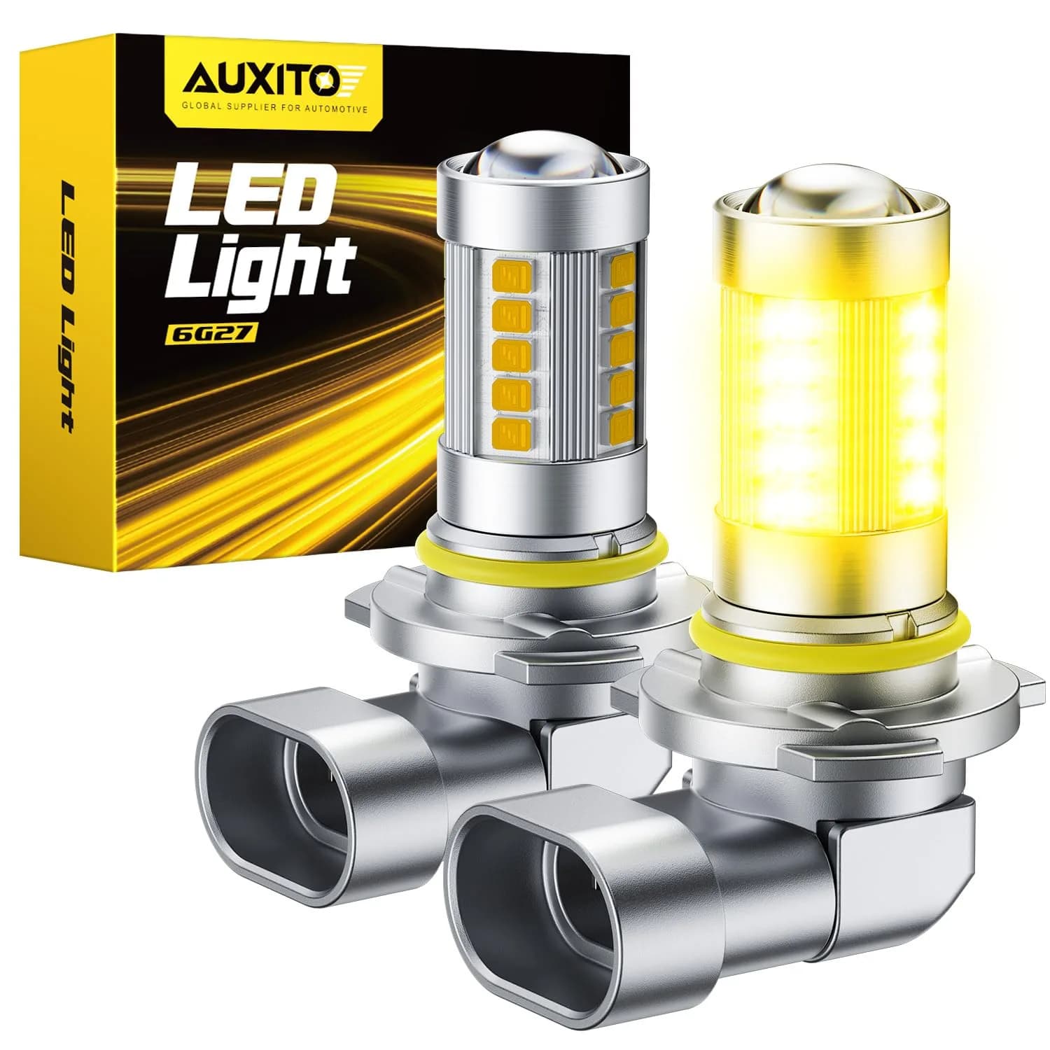 AUXITO 9145 9140 H10 LED Fog Light Bulbs, 3000K Amber Yellow CSP, 2 Pack | True 1:1 OEM Size, 360° Illumination - main product image