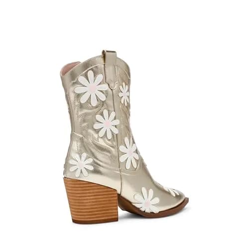Betsey Johnson Teddyy Western Boot, Gold, 10 | Floral & Wood Heel Design thumbnail 3