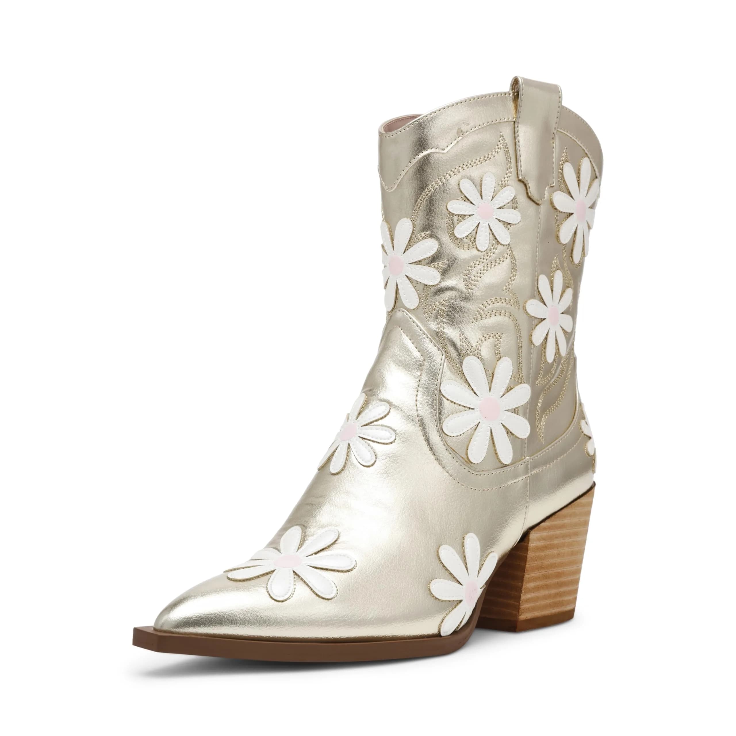 Betsey Johnson Teddyy Western Boot, Gold, 10 | Floral & Wood Heel Design — 7.5