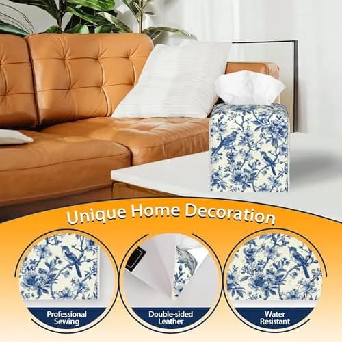 QCBBIRC Tissue Box Cover Square | Vintage Floral & Blue Bird Waterproof Leather (5.2" x 5.2" x 5.2") thumbnail 4